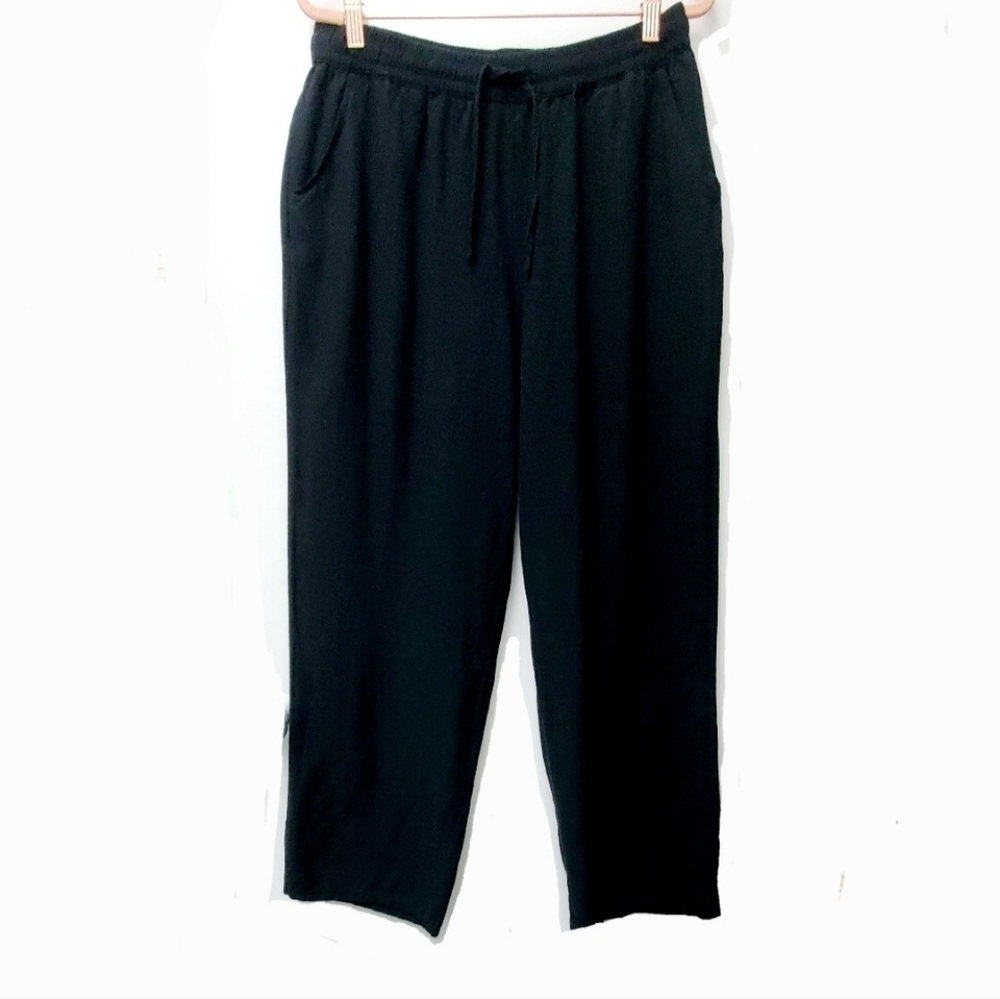 Chartou Black Linen Cotton Blend Elastic Waist Pockets Pants Sz Large Lagenlook
